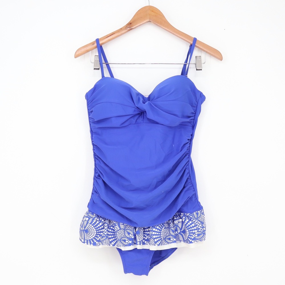 Christina Swimsuit Womens Large One-Piece Ruched Skirted Blue Ruffle Excellent